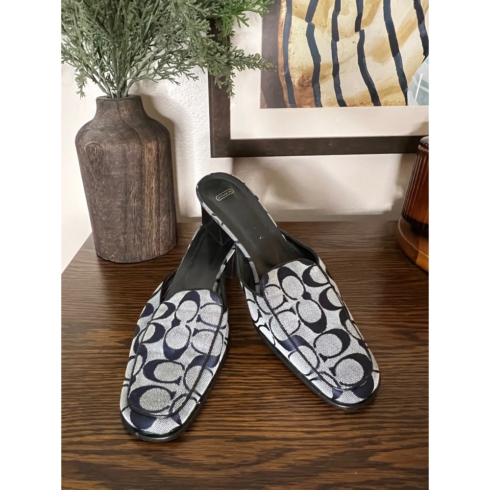 Coach Y2K Signature Jacquard Mules 8.5 Navy Block Heel Loafer Italy Vintage